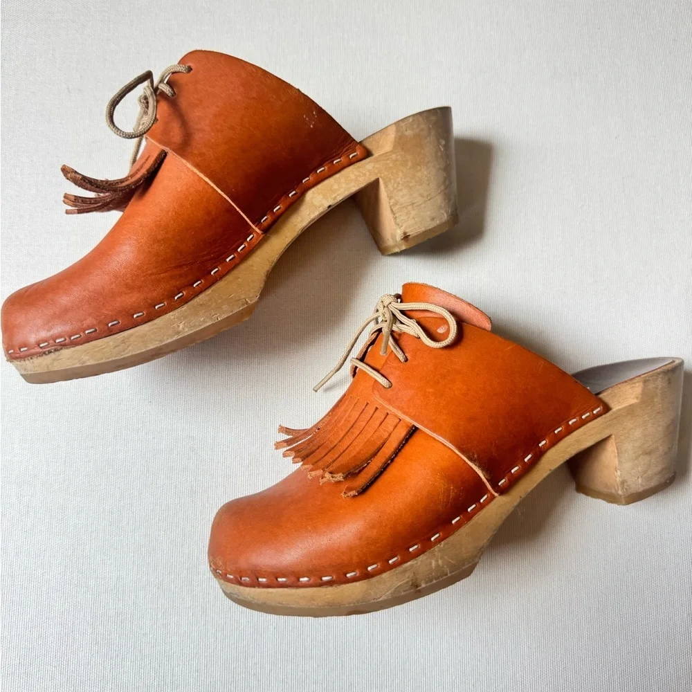 Bryr Leather Fringe Clogs Cottagecore Boho Handmade Wooden Sole 5 Scandi Chic - Picture 3 of 5